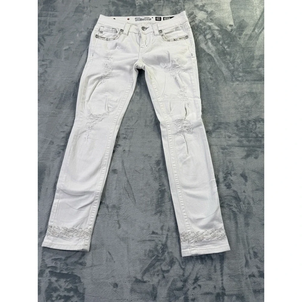 Miss Me White Skinny Jeans Womens 28 Signature Cuffed Rhinestone Distressed